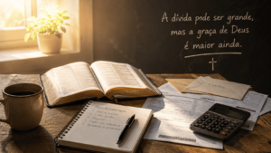 Bíblia aberta ao lado de caderno financeiro, simbolizando sabedoria bíblica para lidar com dívidas.