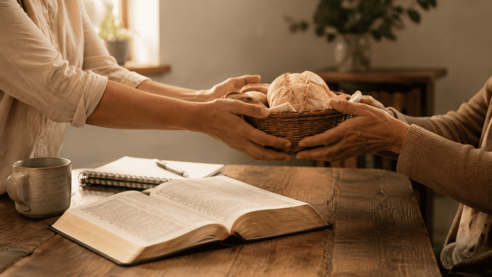 Mãos entregando cesta de pães sobre mesa com Bíblia aberta em cena de generosidade cristã