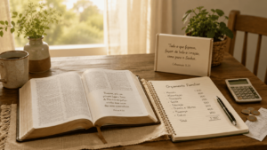 Bíblia aberta ao lado de caderno de orçamento familiar em mesa simples e acolhedora.