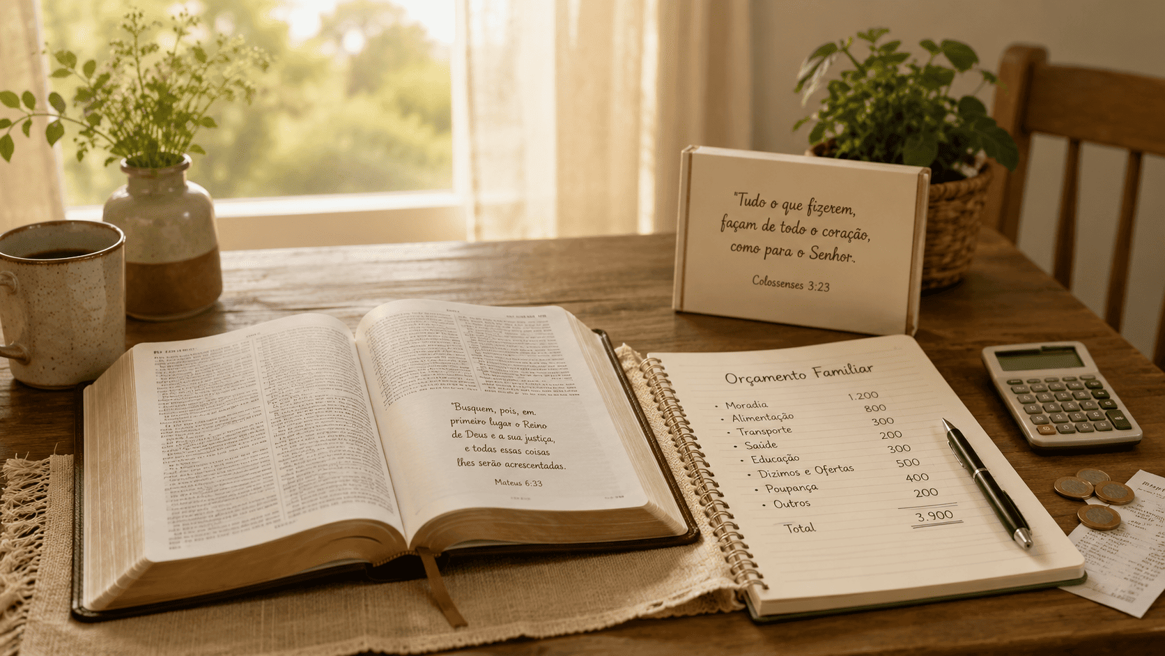 Bíblia aberta ao lado de caderno de orçamento familiar em mesa simples e acolhedora.