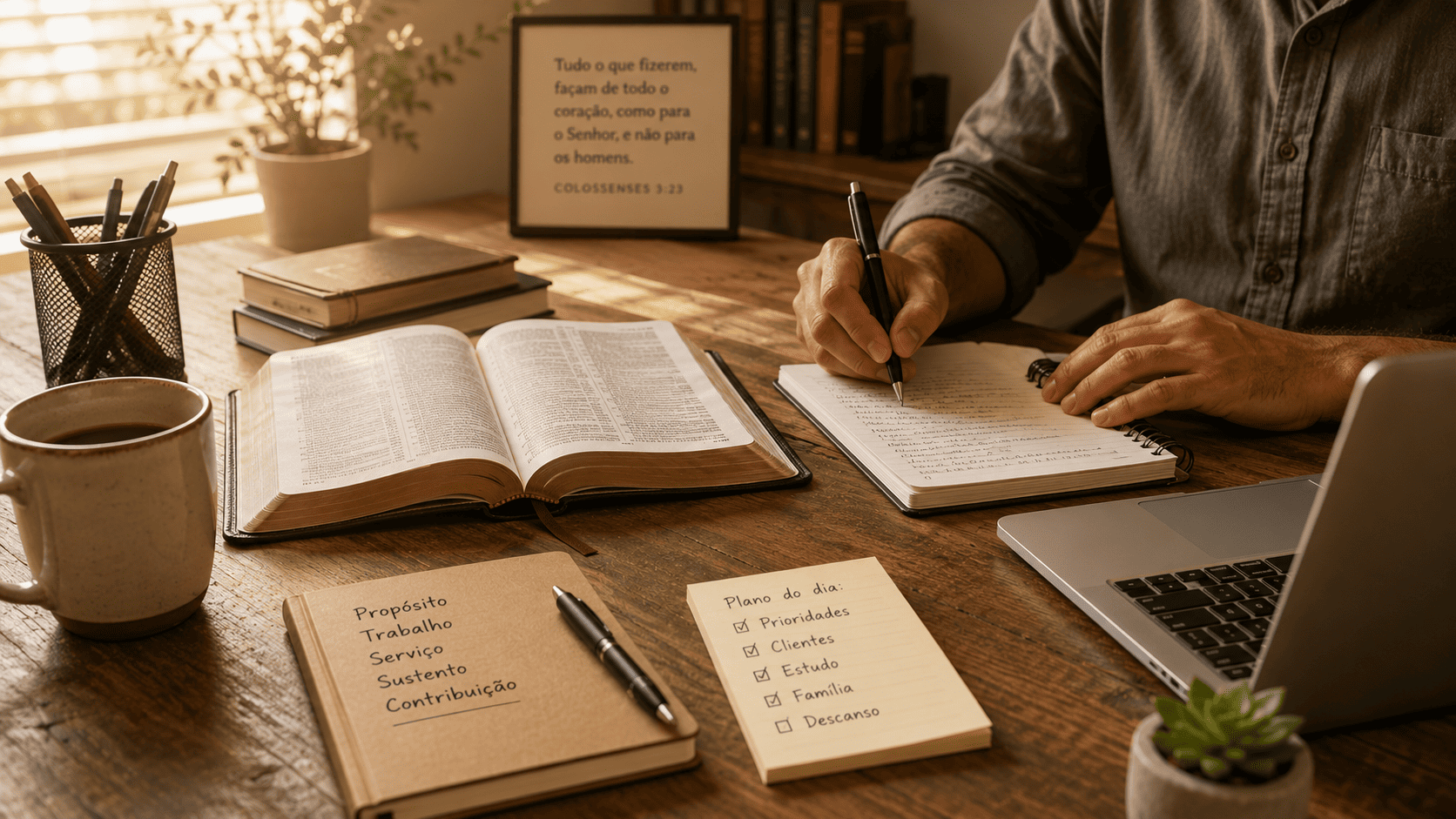 Bíblia aberta em mesa de trabalho com caderno, caneta e objetos de rotina profissional