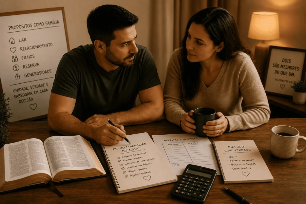 Casal conversa sobre orçamento familiar com Bíblia aberta, cadernos e calculadora sobre a mesa