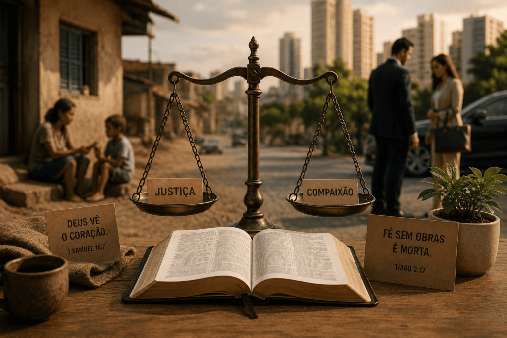 Bíblia aberta com pão e caderno sobre justiça, compaixão e responsabilidade cristã