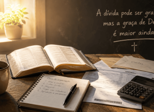 Bíblia aberta ao lado de caderno financeiro, simbolizando sabedoria bíblica para lidar com dívidas.