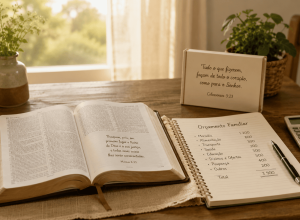 Bíblia aberta ao lado de caderno de orçamento familiar em mesa simples e acolhedora.
