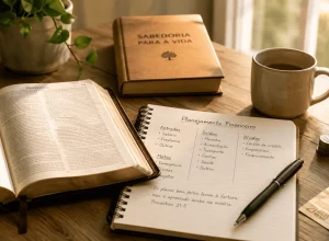 Bíblia aberta ao lado de caderno financeiro, simbolizando organização com sabedoria bíblica.