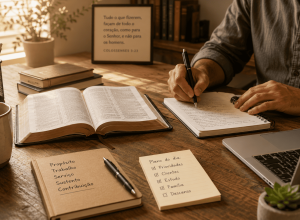 Bíblia aberta em mesa de trabalho com caderno, caneta e objetos de rotina profissional
